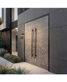 Black aluminum double front door covered with sintered quartz