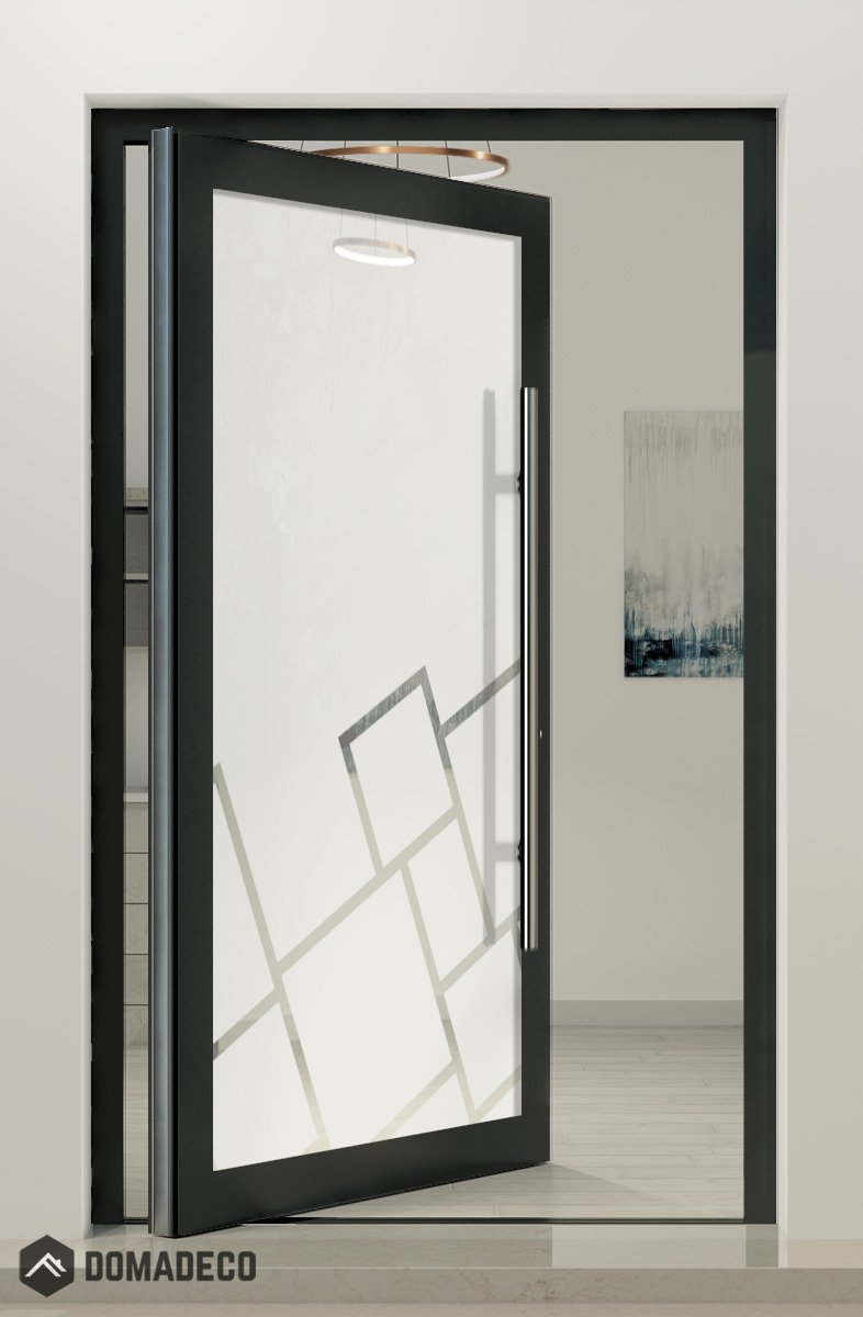 PIVOT Glass S - frosted aluminum pivot door with transparent motif Domadeco