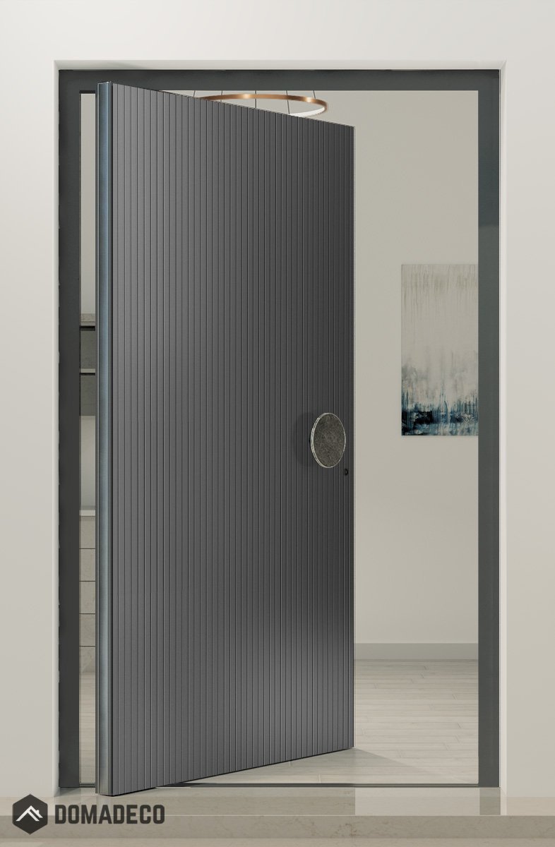 PIVOT V62 - aluminum pivot entry door with vertical milling Domadeco