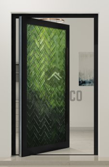 high-quality aluminium pivot door with green fusing glass