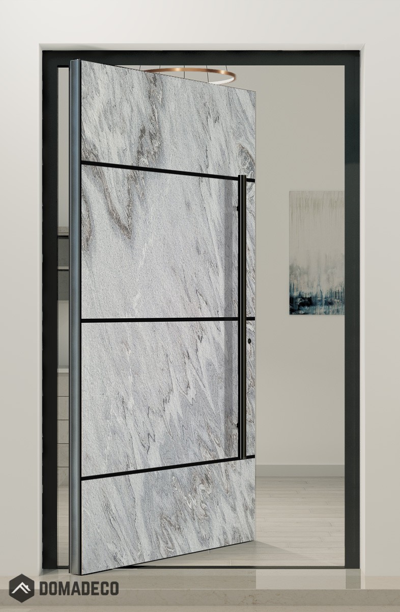 PIVOT V42 - aluminum front door pivot with white rock stone